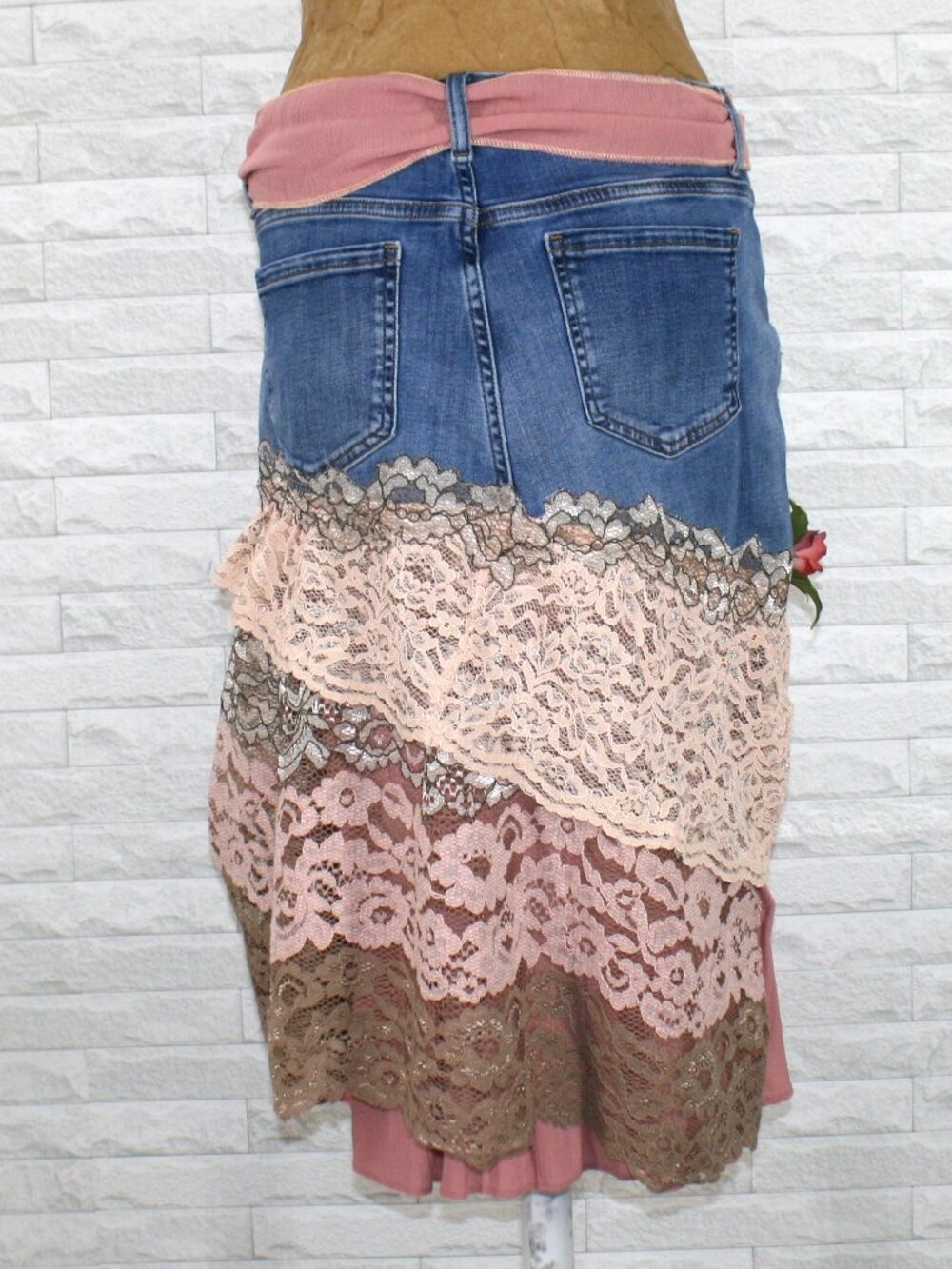 HAND CRAFTED Skirt Denim Blue Jean Upcycled Lace Floral Ruffle Midi Pink 10 - Picture 5 of 15